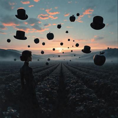 The primary subject of the image is a woman standing in a field, surrounded by a variety of hats and apples. The setting is a field with a sunset in the background, creating a serene and picturesque atmosphere. The visual style is a combination of photo and digital art, giving the image a unique and artistic appearance. The colors and mood are predominantly warm and inviting, with the sunset and the woman's presence creating a sense of tranquility and beauty.